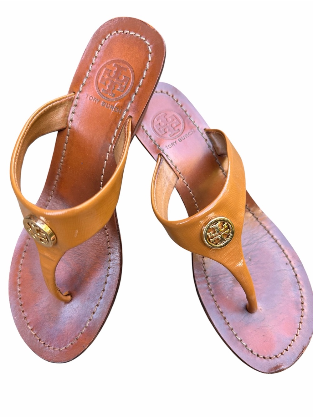 TORY BURCH Leather Thong Wedge Caramel Sandals Women’s Size 6.5